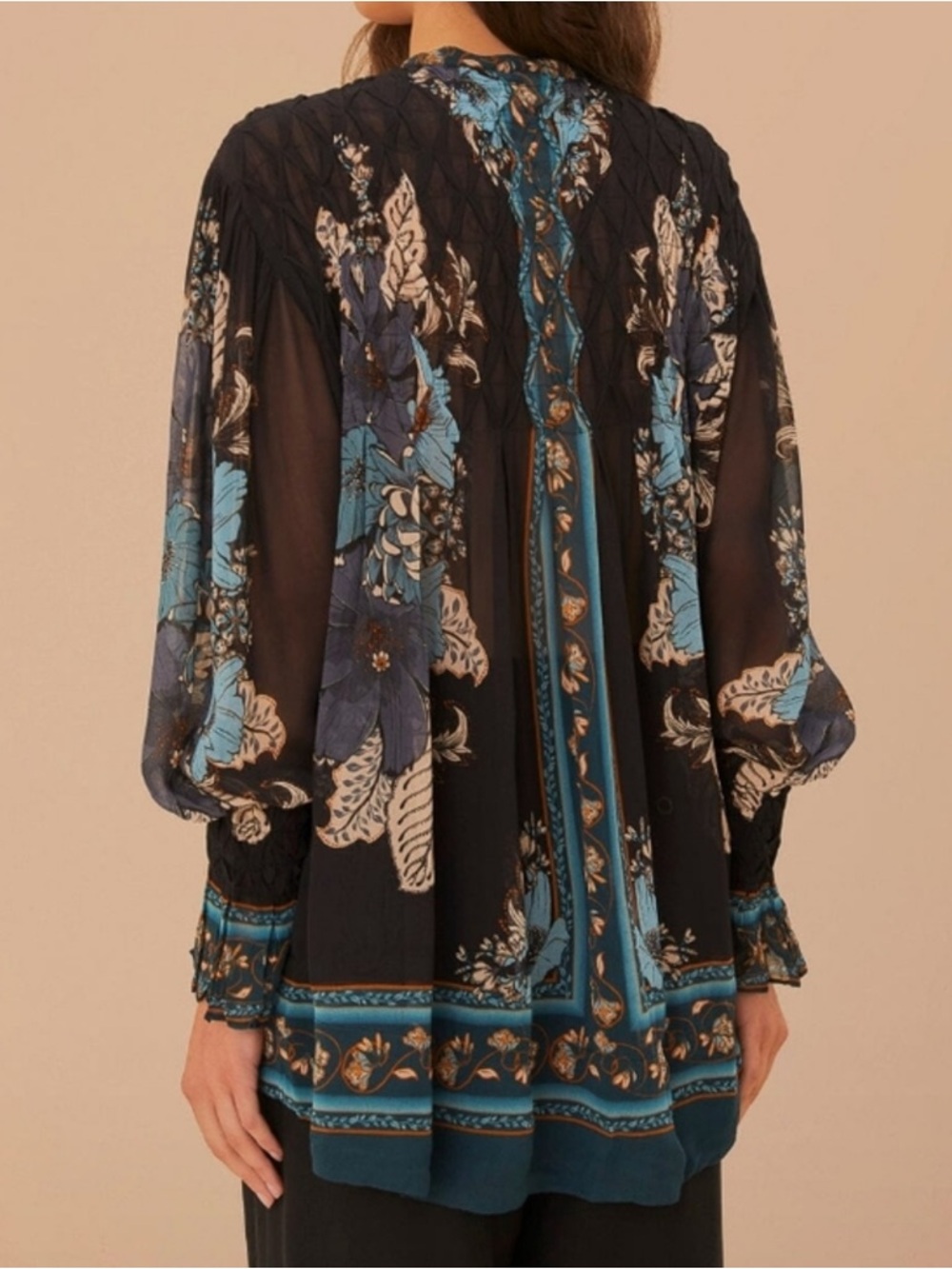 EUC FARM Rio Black Tunic with Teal and Blue Floral Trim - Picture 6 of 6